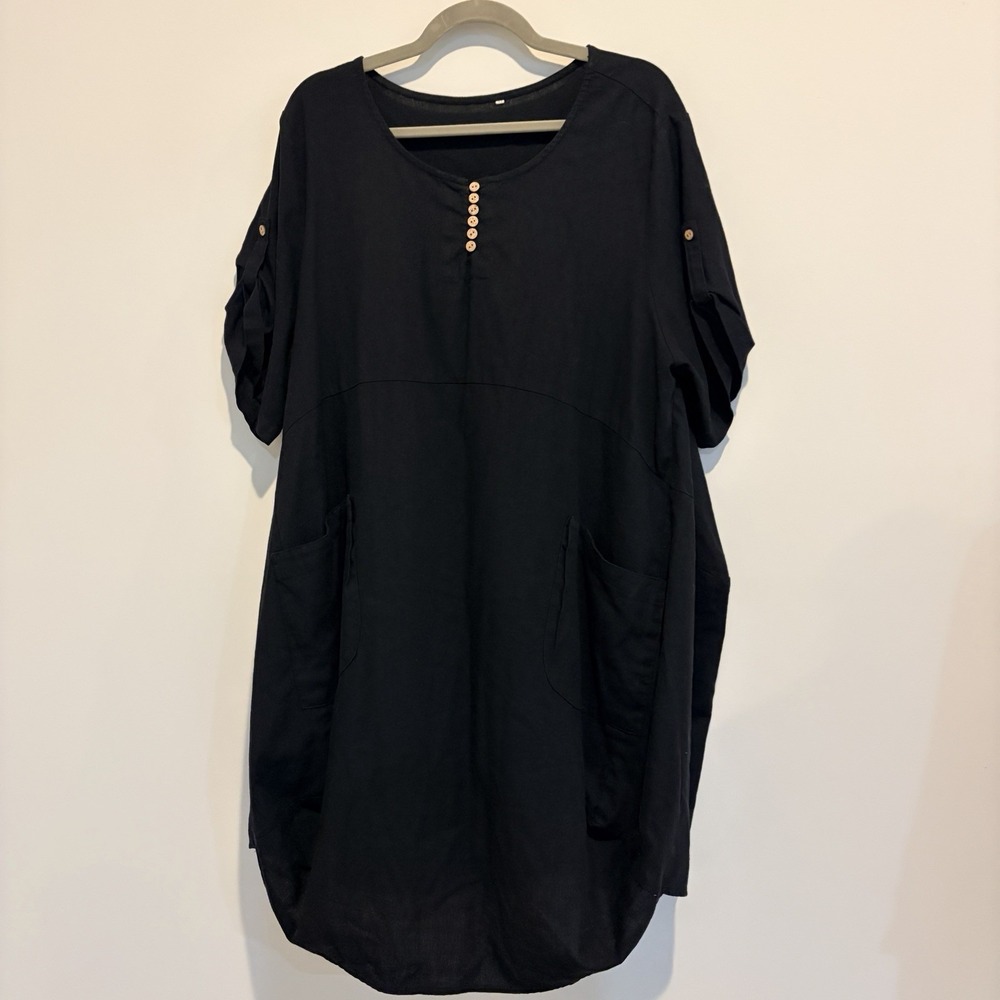 Women's Black Linen Shirt Dress , Balloon Skirt Size XL Pockets Lagenlook Boho